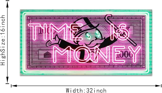 Time Is Money Show me the Money Motivational Office Canvas Art Green Pink Inspirational Wall Art Canvas Print Home Office Room Decor Inspirational Gifts for Men HD Print Framed Easy to Hang-32 Wx16 H