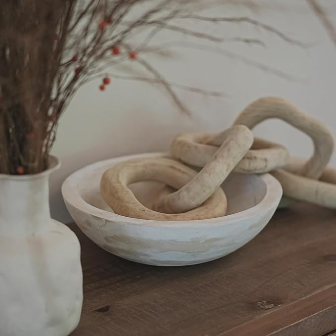 Hand Carved Wooden Decorative Bowl for Home Entryway Decor, Wood Centerpiece Bowl for Coffee Table Decor, Wood Dough Bowl for Farmhouse Decor (Whitewashed)