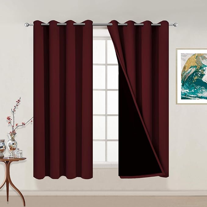 Yakamok Thermal Insulated 100% Blackout Curtains for Bedroom, Heat Blocking Drapes for Living Room(52Wx54L, Burgundy Red, 2 Panels)