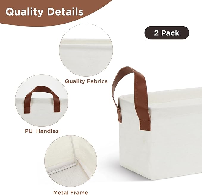 DULLEMELO Small Storage Bins, Fabric Storage Bins Closet Baskets for Organizing with PU Handles, Rectangle Closet Storage Bin with Metal Frame, Natural Color, 2-Pack