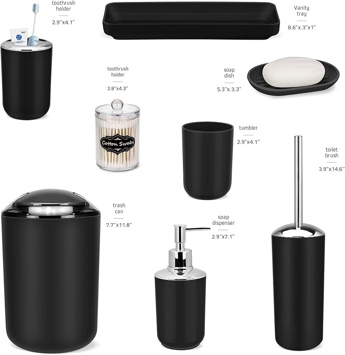 IMAVO Bathroom Accessories Set,Black Bathroom Set,9 Pieces Bathroom Accessory Set,Tray,Qtip Holders,Toilet Brush,Trash Can for Bathroom Décor and Home Gifts