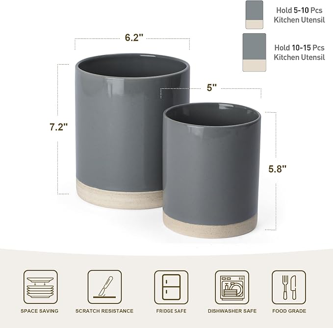 famiware Milkyway Kitchen Utensil Holder for Countertop, 7.2"+5.8" Ceramic Cooking Utensil Crocks for Counter, Utensil Organizer for Spatula & Spoon, Kitchen Decor, Set of 2, Dark Gray