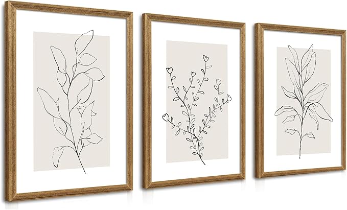 WRFON Neutral Botanical Canvas Wall Art, Minimalist Black Line Flower Poster Prints, Boho Beige Floral Wall Decor, Abstract Plant Leaf Aesthetic Picture for Bedroom Living Room Wood Framed 12"x16"x3
