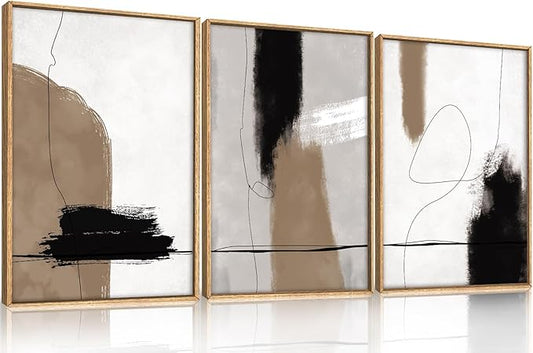 KAIRNE Abstract Neutral Framed Canvas Wall Art Set of 3, Abstract Black Brown Shape Decor, Modern Nordic Style Watercolor Shaped Paintings for Living Room, Bedroom, Office - 16"x24"
