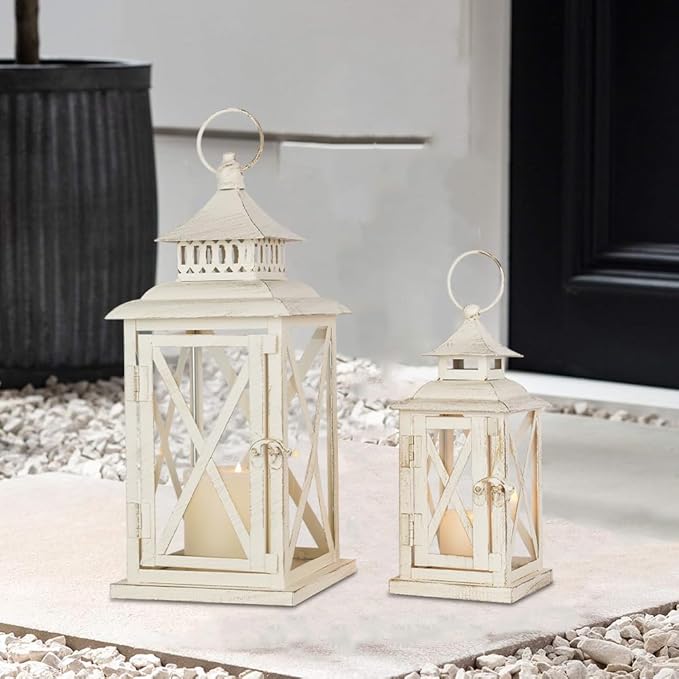 Lanterns Decorative Outdoor&Indoor, Set of 2 (14"&10") Beige Metal Lantern Decor with Glass, Candle Holder for Porch, Patio, Garden, Balcony, Wedding, Table Centerpiece
