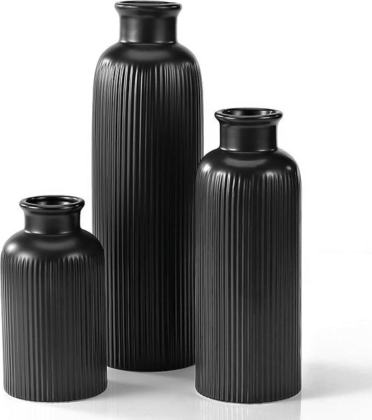 Small Black Ceramic Vase Set of 3, Boho Modern Black Flower Vase Room Decor, Farmhouse Decor, Vases for Your Kitchen, Bathroom, Bedroom, Living Room, Office&Shelf Centerpiece Table Decorations