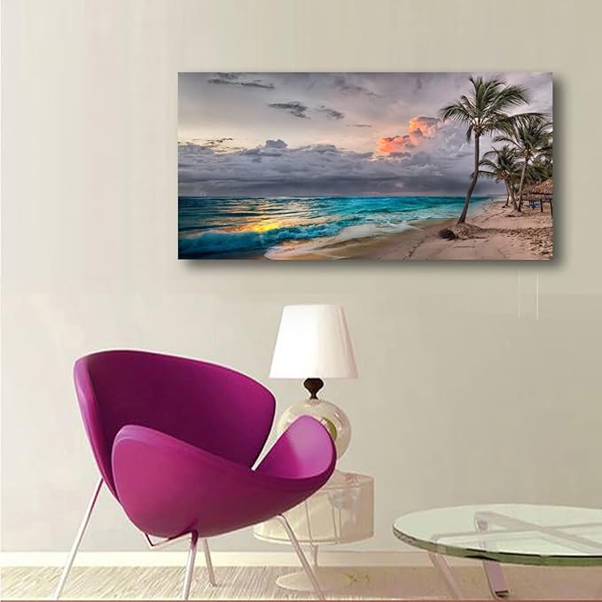Beach Themed Wall Art Canvas Prints Seascape Poster Bathroom Décor Ocean Coconut Tree Landscape Paintings for Bedroom Dining Room Home Kitchen Decorations Natural Artwork 24x48 Picture Frame Wood