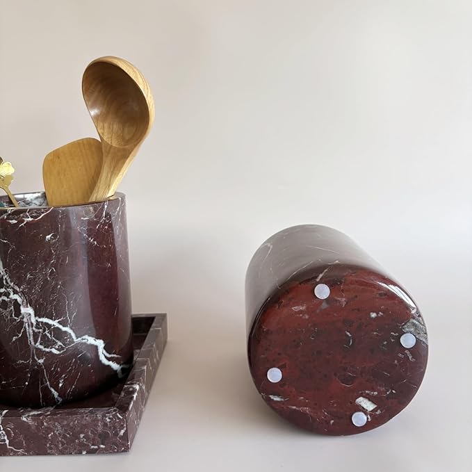 Handmand Natural Marble with Holes Stone Vintage Kitchen Utensil Holder - 5.1" D X 6.3" H Kitchen Counter Organizers and Storage Tool Crock (Rosa Levanto Marble)