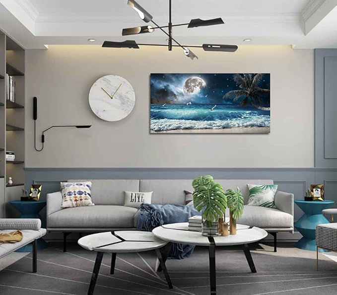 Yxbhhym Moon Ocean Decor Beach Wall Art Seascape Painting Sea Canvas Poster Prints Landscape Plam Pictures Artwork for Living Room Decor Wall Decorations large Framed Wall Art -20x40inches