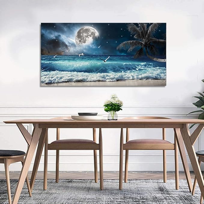 Yxbhhym Moon Ocean Decor Beach Wall Art Seascape Painting Sea Canvas Poster Prints Landscape Plam Pictures Artwork for Living Room Decor Wall Decorations large Framed Wall Art -20x40inches