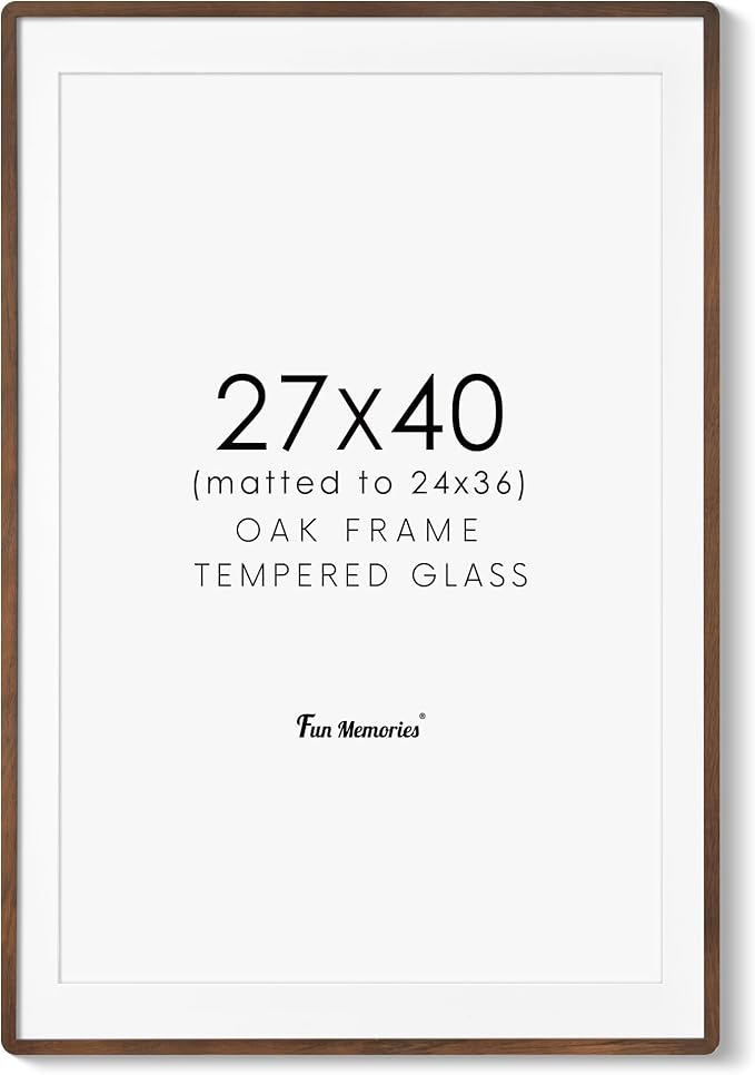 27x40 Picture Frame, 27 x 40 Poster Frame - Solid Oak Wood, 27 by 40 Frame with Tempered Glass, Rustic Wooden 27"x40" Frame with Mat for 24"x36", Minimalist 27x40 Frames for Wall, Walnut Color, 1 Pack