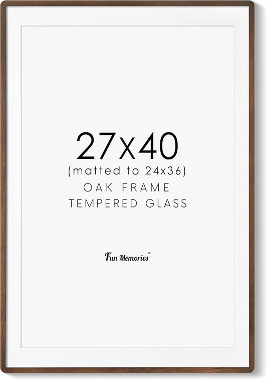 27x40 Picture Frame, 27 x 40 Poster Frame - Solid Oak Wood, 27 by 40 Frame with Tempered Glass, Rustic Wooden 27"x40" Frame with Mat for 24"x36", Minimalist 27x40 Frames for Wall, Walnut Color, 1 Pack
