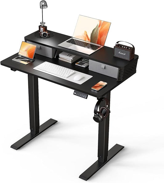 Electric Standing Desk with 2 Drawers 35''x 20'' Small Adjustable Height Sit to Stand Up Desk with Storage Shelf, C-Clamp Mount Compatible Black Home Office Desks Computer Desk Ergonomic Workstation