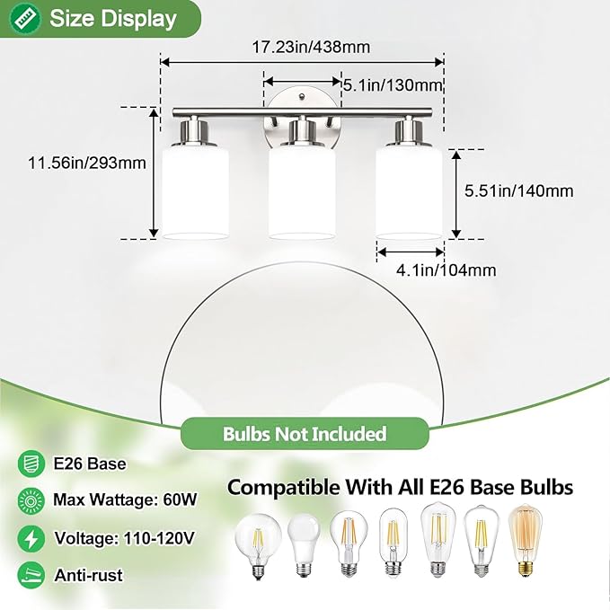 3-Light Bathroom Light Fixtures, Brushed Nickel Vanity Light, Farmhouse Wall Lights with Milky White Frosted Glass Shades, Bathroom Wall Lamp for Mirror Kitchen Bedroom Hallway Living Room