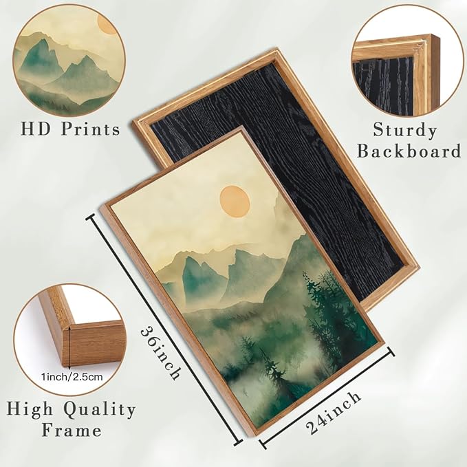 IARTTOP Large Mountain Canvas Wall Art Framed 24x36 Inch Foggy Forest Green Landscape Art Prints Nature Landscape Wall Decor for Living Room Bedroom Office Set of 3