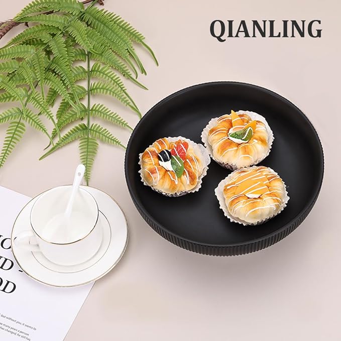 Modern Large Black Decorative Bowl - Ribbed Black Fluted Pedestal Bowl , Multi-Functional Fruit Bowl, Key Bowl, Candy Dish, Ideal for Entryway Table, Kitchen Counter, Living Room, Coffee Table Decor