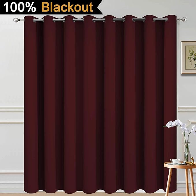 Yakamok Total Blackout Extra Wide Patio Sliding Door Curtains, Grommet Thermal Insulated Blind Curtains, Sliding Glass Door Panel for Living Room/Space Room Divider, Burgundy Red, W100 x L84, 1 Panel