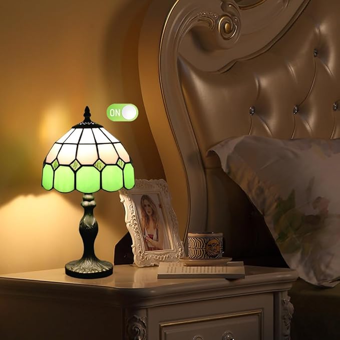 Tiffany-Style 8 Inch Table Lamp Mediterranean Series Stained Glass Lampshades Small Bedside Lamp Reading Antique Desk Light Livingroom Bedroom Office Vintage Art Deco Victorian(Color:Green)