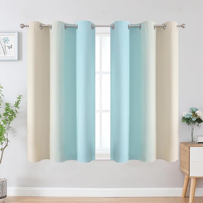 Estelar Textiler Beige and Aqua Ombre Blackout Curtains 54 Inch Length 2 Panels, Full Room Darkening Gradient Drapes for Kitchen, Thermal Insulated Grommet Short Curtains for Bedroom, 42Wx54L