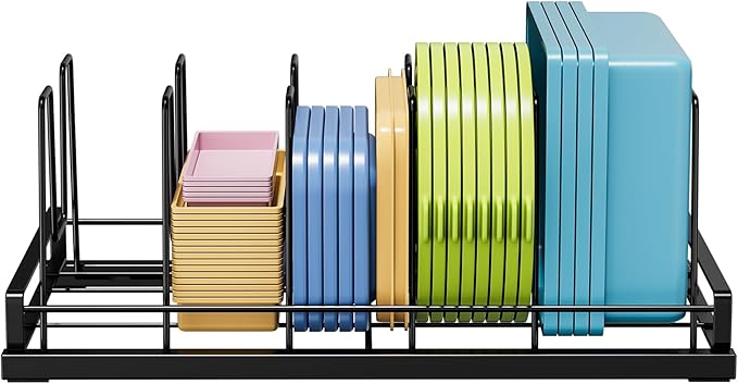 Food Container Lid Organizer, Adjustable 6 Dividers Full-Metal Pot and Pan Organizer Rack for Kitchen Cabinets, Drawers, Cupboards, Pantry Shelves Storage, Black