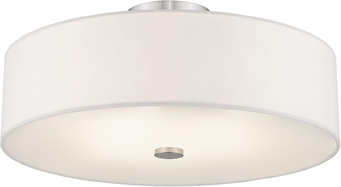 Livex Lighting 51055-91 Meridian Collection 4-Light Semi Flush Mount Ceiling Fixture with Off-White Fabric Hardback Drum Shade, Brushed Nickel