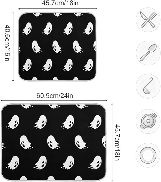 Halloween Spooky Ghost Dish Drying Mat for Kitchen Counter 18 x 24 Inch Absorbent Microfiber Dry Dishes Mats Drainer Mat Dish Drying Pad for Countertops Decor