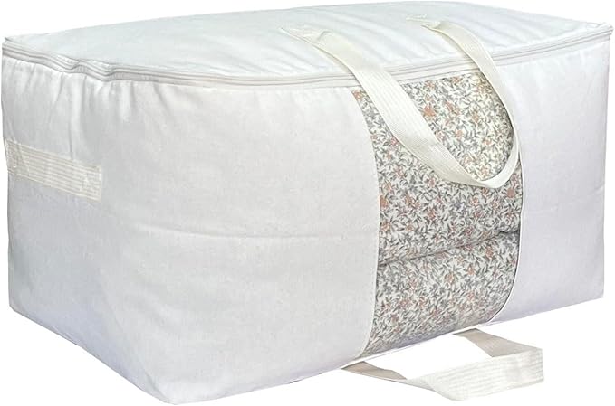 Soft Canvas Clothes Storage Bags with Four Carrying Handles and Clear Window, Closet Organizer for Clothing, Blankets Sheets Pillows and Bedding, 55L, White
