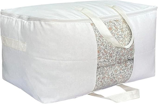 Soft Canvas Clothes Storage Bags with Four Carrying Handles and Clear Window, Closet Organizer for Clothing, Blankets Sheets Pillows and Bedding, 55L, White