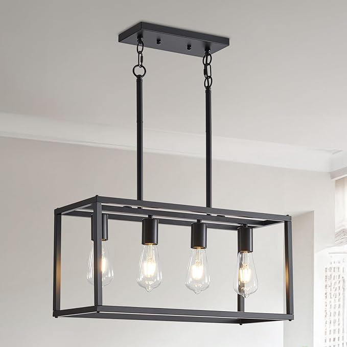 Dining Room Light Fixture 4 Light Black Farmhouse Chandelier Modern Kitchen Island Pendant Lighting Rectangular Hanging Lights for Kitchen Dining Room Adjustable Height Metal E26 Base