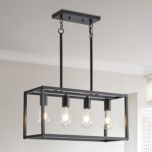 Dining Room Light Fixture 4 Light Black Farmhouse Chandelier Modern Kitchen Island Pendant Lighting Rectangular Hanging Lights for Kitchen Dining Room Adjustable Height Metal E26 Base