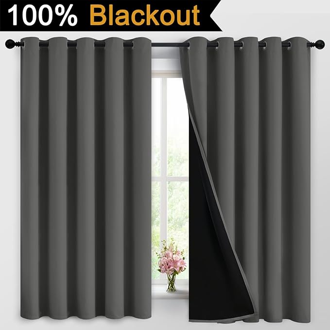 Dark Grey Full Shade Curtain Panels, Heavy Duty Lined Curtains 63 Inches Long, Thermal Insulated Room Darkening Curtains with Black Liner for Bedroom(62" Width Each Panel, Dark Gray, 2 Panels)