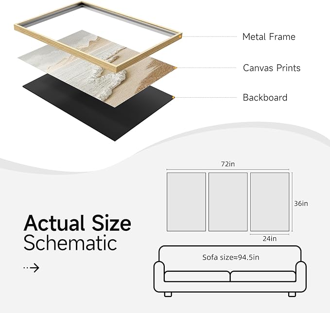 Framed Boho Abstract Beach Wall Art for Living Room, Large Neutral Coastal Canvas Prints Artwork for Walls, Set of 3 Piece Modern Minimalist Ocean Picture Print for Hallway Office Wall Decor, 24x36 In