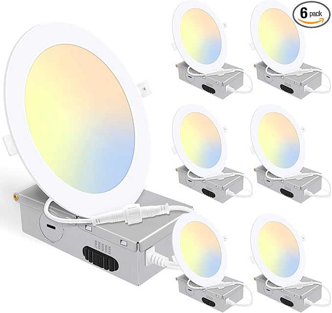 Energetic 6 Pack 6 Inch 5CCT Ultra-Thin LED Recessed Ceiling Light with Junction Box, 2700K/3000K/4000K/5000K/6500K Selectable, 12W 120W Eqv, 900LM, Dimmable Canless Wafer Downlight, IC Rated, ETL&FCC
