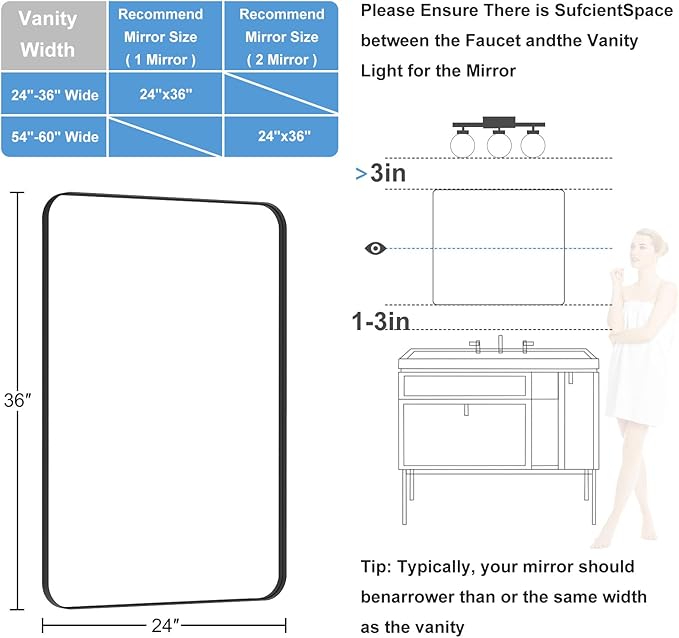 Black Bathroom Mirror for Over Sink, 24" x 36" Framed Rectargular Wall-Mounted Bathroom Mirrors for Vanity, Decorative, Farmhouse, Restroom, Horizontally or Vertically Hanging
