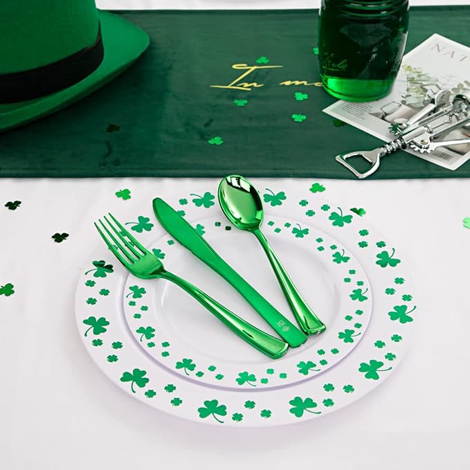WDF 125pcs St. Patrick’s Day Plastic Plates with Shamrock Clover & Disposable Silverware - Premium White and Green Plastic Dinnerware for Wedding &Parties, Special for St. Patrick’s Day