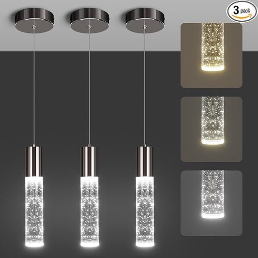 OKELI Modern Pendant Lights,3 Color LED Bubble Crystal Island Light Fixtures,Black Mini Pendant Lighting for Kitchen Island,Bar,6W,3000-6000K,ETL,3 Pack