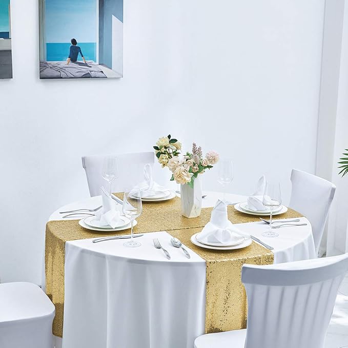 2 Packs 12 x 108 inches Gold Sequin Table Runner, Glitter Gold Table Runner for Wedding Birthday Bachelorette Holiday Party Supplies Decorations Bridal Shower Baby Shower