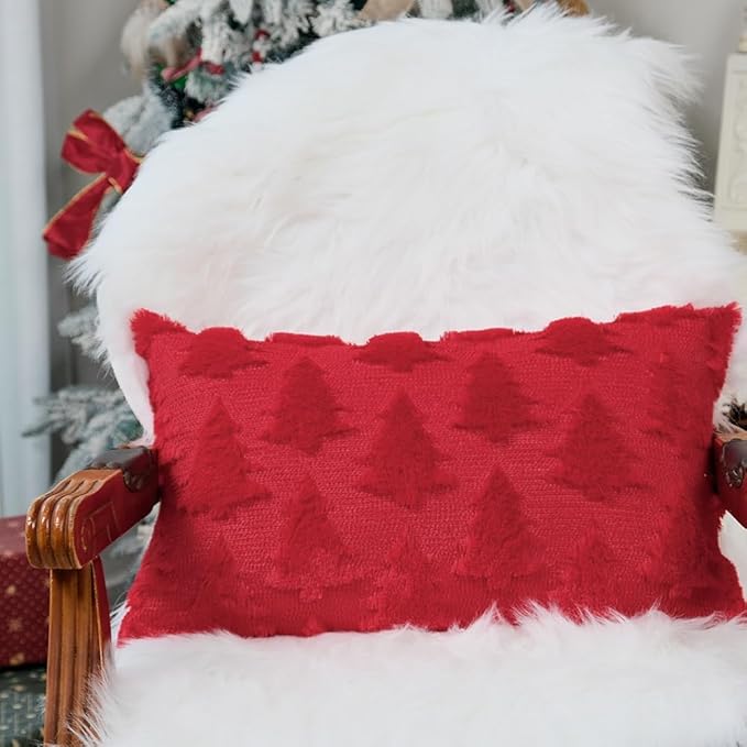 GEEORY Christmas Tree Throw Pillow Covers 12x20 Inch Set of 2, Xmas Winter Soft Plush Faux Fur Wool Decorative Farmhouse Holiday Cushion Case for Home Decoration (Red) GC005-12