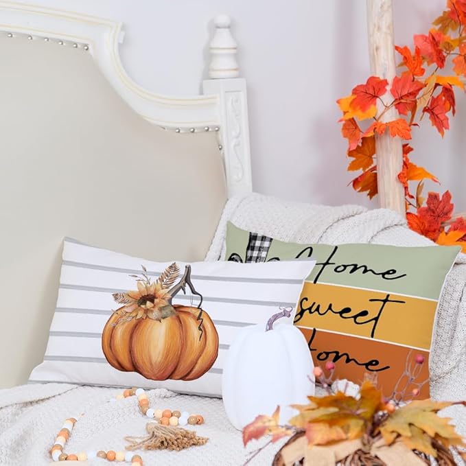 AACORS Fall Pillow Covers 12 x 20 Inch Set of 4, Pumpkin Home Sweet Home Thankful Grateful Blessed Harvest Floral Decorations Autumn Seasonal Pillow Case Decor for Sofa Couch AA556-12