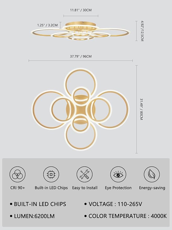 Modern LED Ceiling Light, Gold 8 Rings Flush Mount Ceiling Light, 4000K Lighting Fixture Ceiling Lamp for Kitchen, Bedroom, Living Room, Dining Room