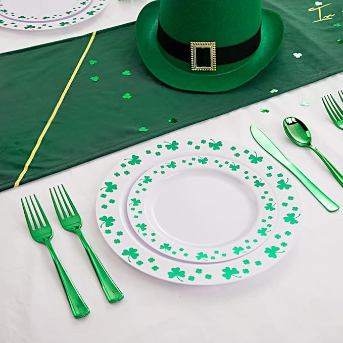 WDF 125pcs St. Patrick’s Day Plastic Plates with Shamrock Clover & Disposable Silverware - Premium White and Green Plastic Dinnerware for Wedding &Parties, Special for St. Patrick’s Day