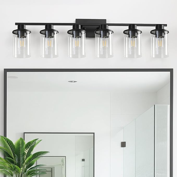 LOUSACE 6 Light Bathroom Vanity Light, Matte Black Bathroom Light Fixtures, Modern Bathroom Lights Over Mirror with Clear Glass Shade, Wall Sconce Lighting for Bedroom Living Room