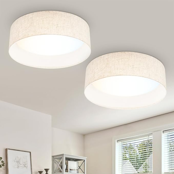 Hamilyeah 15 inch Ceiling Light Flush Mount Set of 2, LED Kitchen Lighting Fixture Ceiling Mount with Fabric Shade, 5CCT Drum Ceiling Light Fixture Overhead for Living Room, Kitchen, Bedroom, Hallway