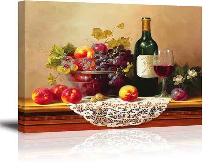 Retro Wine Pictures for Kitchen, PIY Vibrant Fruits Wall Art for Dining Room, Canvas Prints Oil Painting Reproduction of Vintage (Waterproof Artwork, Bracket Mounted Ready to Hang, 24x36 Large)
