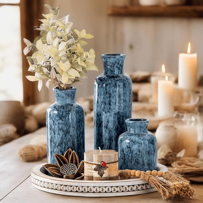 CwlwGO-Blue Ceramic Vases Set,Small Vase Sets,Farmhouse Country Vases Home Decor,Living Room Table Decoration,Shelf Decor,and Entrance Decoration Centerpieces.
