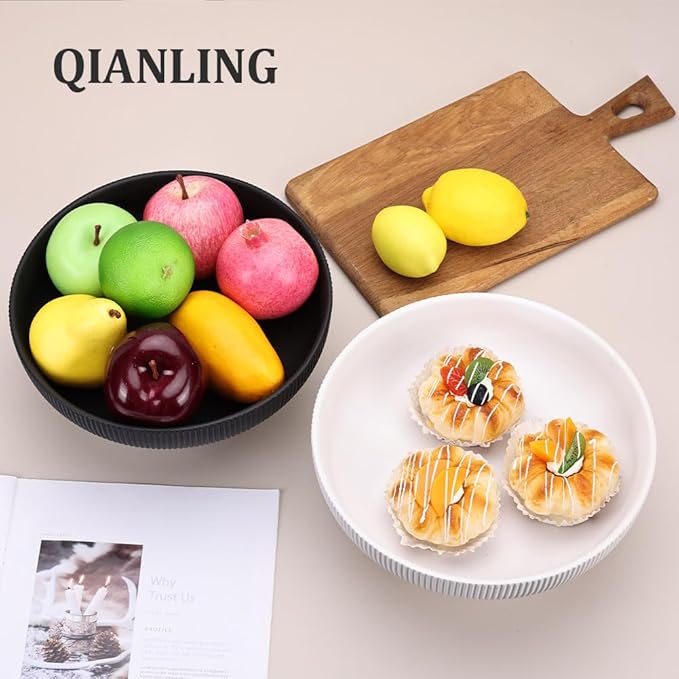 QIANLING Modern Decorative Bowl - Ribbed White Fluted Pedestal Bowl, Multi-Functional Fruit Bowl, Key Bowl, Candy Dish, Ideal for Entryway Table, Kitchen Counter, Living Room, Coffee Table Decor