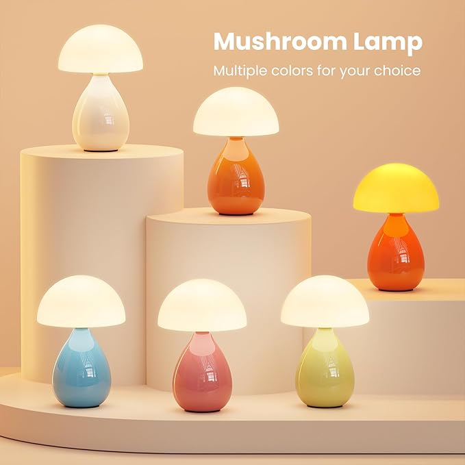 Mushroom Lamp Bedside, Mini Modern Lamp Small Vintage Table Nightstand Light, Small Light Dimmable for Bedroom, Living Room, Ceramic Base Glass Led Home Decor for Woman Children Gift