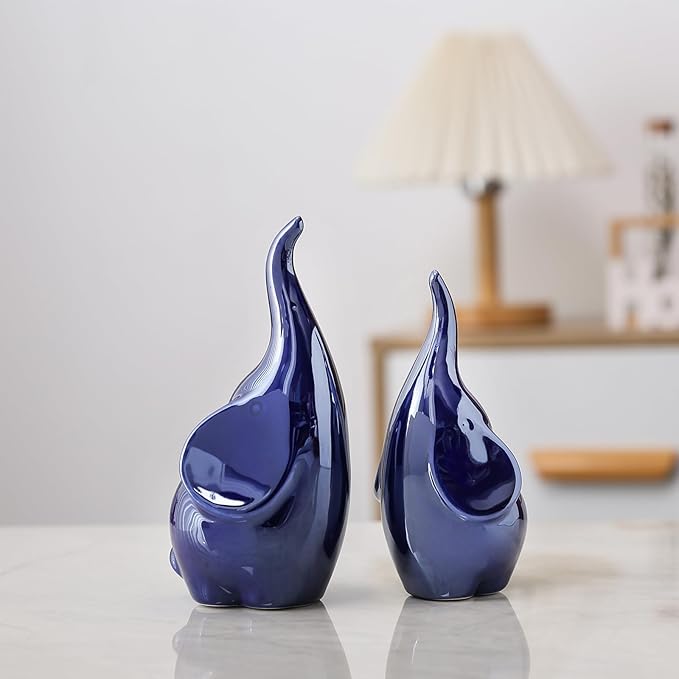Ceramic Elephant Figurines with Trunk Up, Pair Couples Loving Elephant Statue, Small Figurines Sculpture African Home Decor, Valentine Elephants Gifts for Women, Wedding Knick Knacks（Blue）