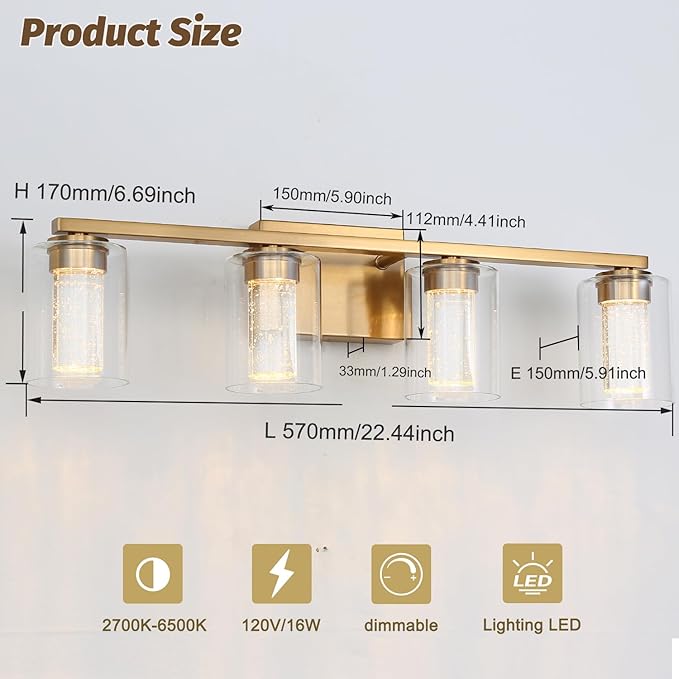 4-Light Gold Bathroom Vanity Light Fixture, Dimmable 5CCT Brushed Brass Bathroom Lights, 2700K-6500K Modern LED Wall Sconce Over Mirror with Clear Glass and Crystal Bubble