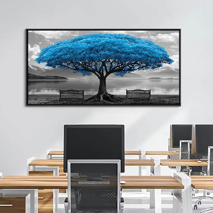 Blue Tree Framed Canvas Wall Art for Living Room Large Size Wall Decor For Bedroom Black And White Wall Pictures Lake Scenery Wall Painting Office Decor Room Home Decoration Black Framed 24X48IN